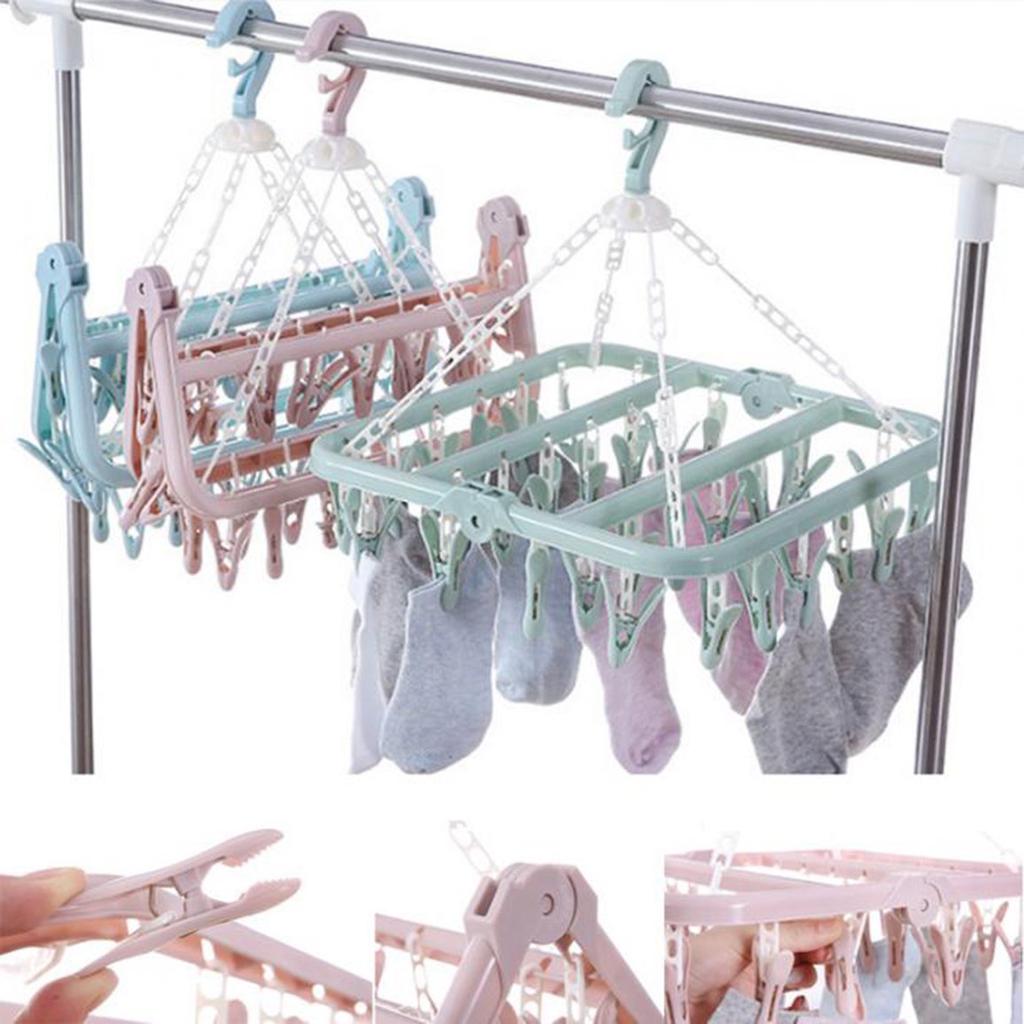Folding Clothes Towels Hanger Socks Underwear Drying Rack With 32 Clips G Folding Clothes Towels Hanger Socks Underwear Drying Rack With 32 Clips G