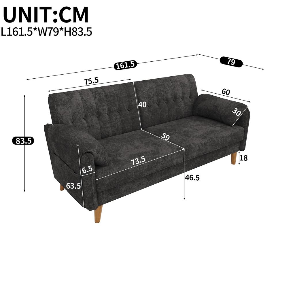 Modern 2-Seater Sofa In Chenille with Thick Seat Cushion, Tufted Backrest, 2 Armrest Cushions, Side Pockets; Solid Wood Legs, Easy To Assemble, Grey