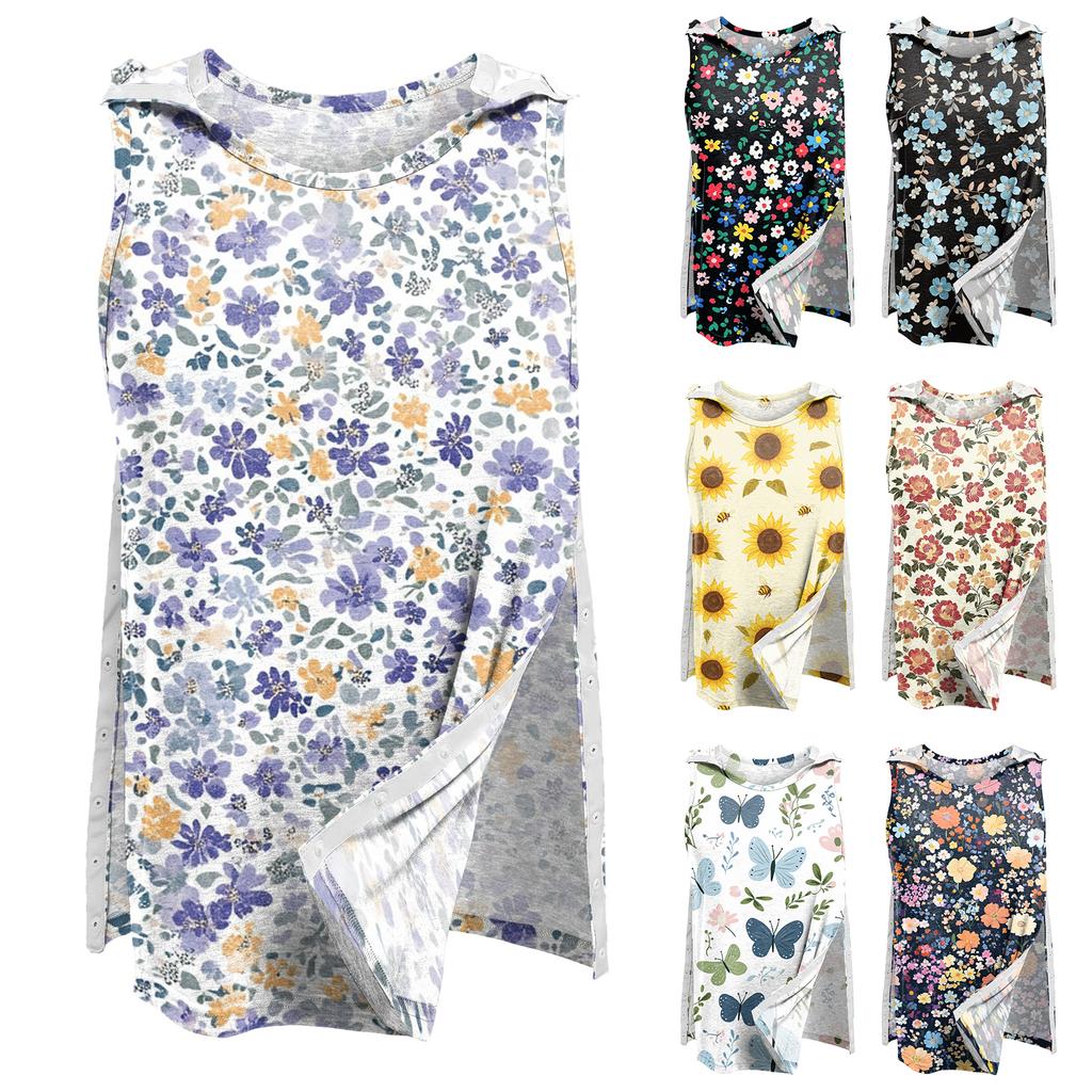 Women's - Adaptive Top with Front, Floral Print Sleeveless Shirt for Recovery