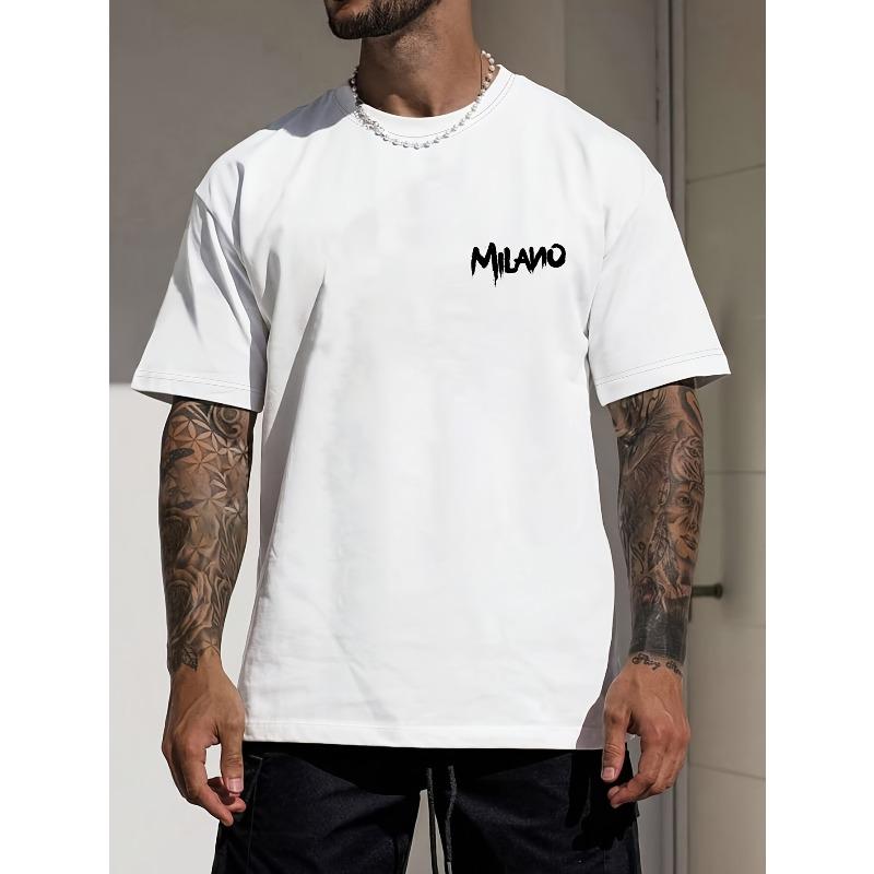 Europeiska storlekar Herr MILANO Bokstavsmönster Tryck Rundhalsad T-shirt, Kortärmad för Sommar Utomhussporter