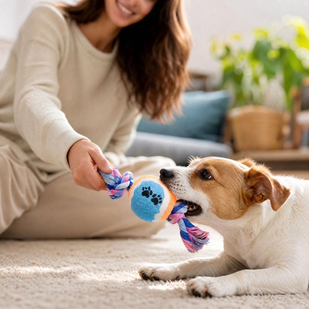 Dog Rope Toy with Tennis Ball for Chewing and Teething - Interactive Cotton Pet Toy for Small Dogs, Boredom and Play
