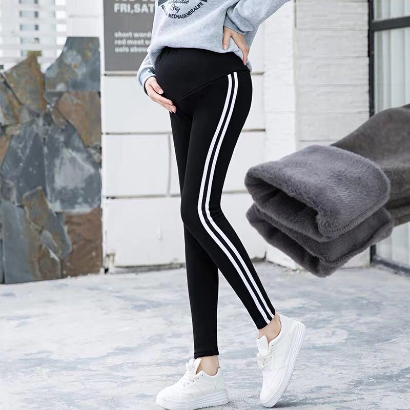 Fleece thickened maternity wear cotton outer wear support striped leggings spring and autumn pants large size maternity nine-point pants