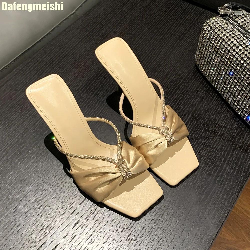 Fashion Purple Satin Rhinestone One-Strap Sandals for Women 2025 Summer New Bow Open-Toe Thin High-Heeled Slippers Casual Fashion Slides