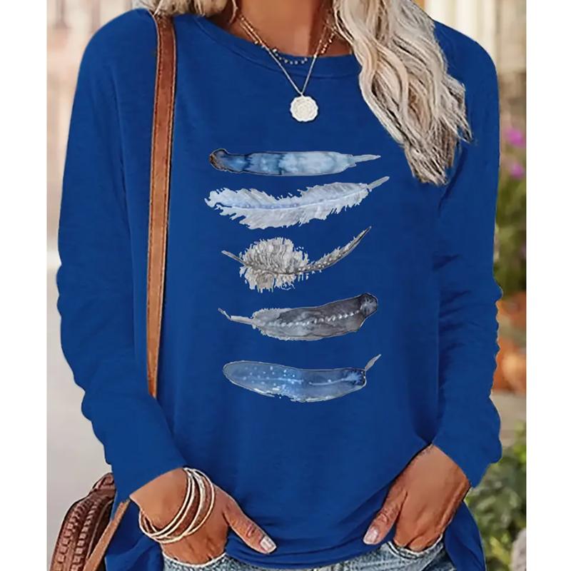 

2025 Autumn & Winter Women s New Casual Crew Neck Long Sleeve Top 3D Feather Pattern XS синий