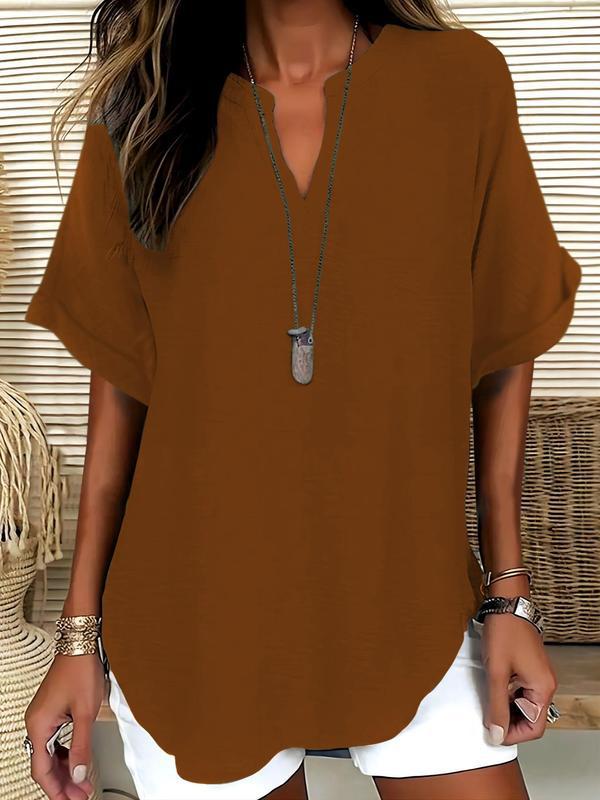 Women's Summer Loose Solid V-Neck Casual Shirt