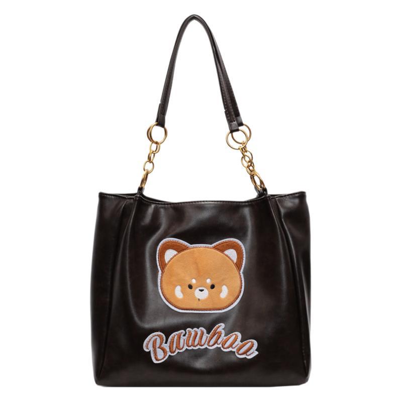 Bag women's new PU bucket bag bear letter embroidery trendy fashion shoulder bag large capacity messenger bag