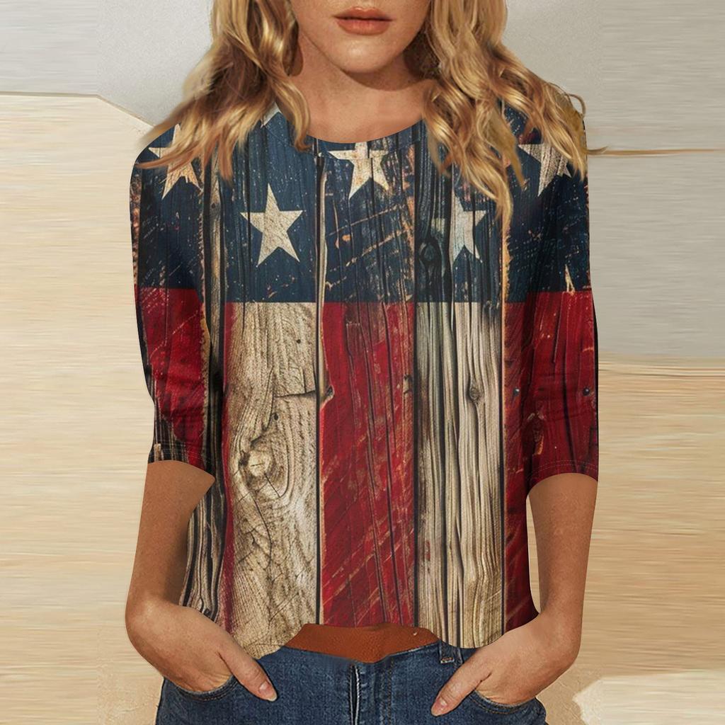 Women’s Patchwork Star Print Casual Round Neck Half Sleeve Loose Fit Pullover Top for Everyday Wear