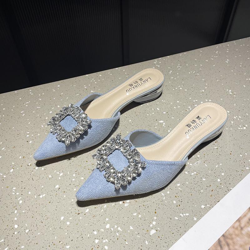 French Rhinestone Bag Head Half Slippers Women's Outer Wear Summer 2024 New Thin Heel Lazy Cool Slippers High Heel Muller Shoes