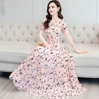 Damen Sommer Chiffon Fließendes Maxi Kleid Lässig A-Linie Kurzarm Rundhalsausschnitt Langes Kleid Floral Boho Strand Sommerkleid