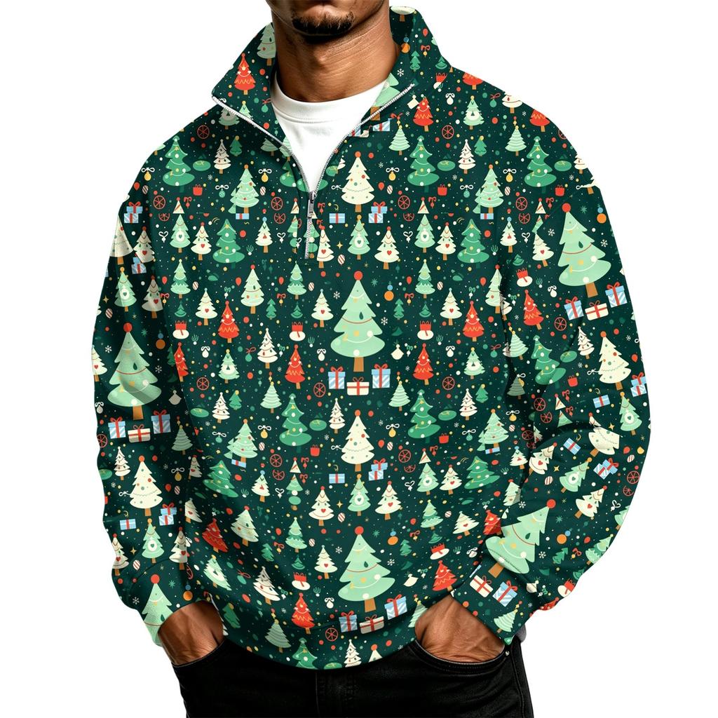 Men's Casual Stand Collar Sweatshirt with Christmas Print for Holiday Wear
