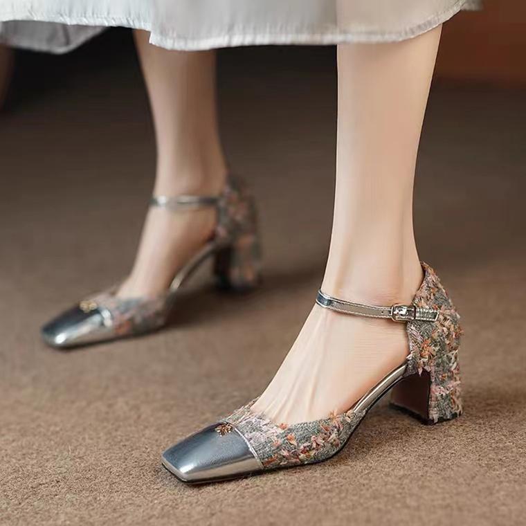 

Серебряные туфли Мэри Джейн женские Роскошный дизайн Французские туфли на высоком каблуке с квадратным носком Модные босоножки с квадратным каблуком и пряжкой на щиколотке Женская обувь 4.5