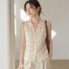 Button Front Lace Embroidery Tops V-neck Lace Tank Top Loose Fit Floral Mesh Shirt  Summer Season