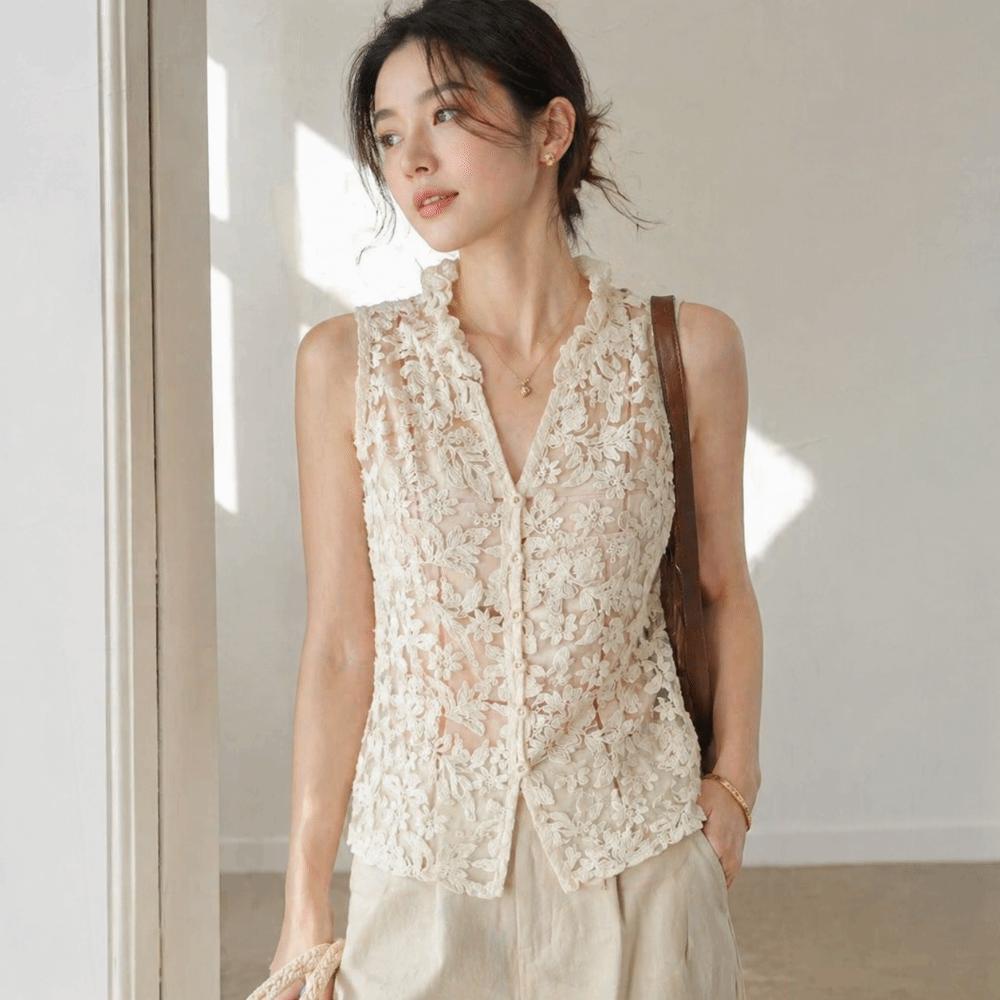 Button Front Lace Embroidery Tops V-neck Lace Tank Top Loose Fit Floral Mesh Shirt  Summer Season