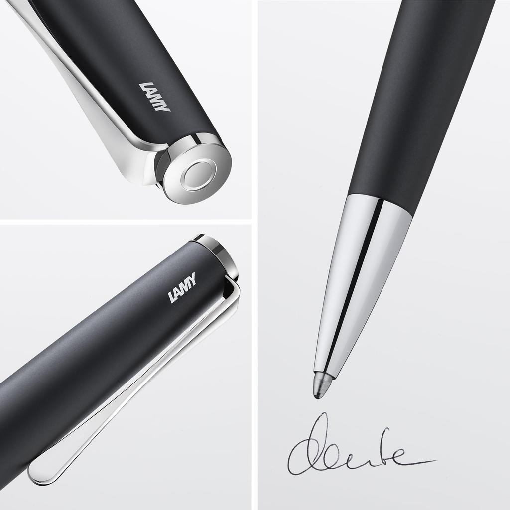 LAMY Studio Black Ballpoint Pen Elegant Stainless Steel Body Propeller Clip Includes Line Width LAMY M 16 - - - High-Yield Refill, M, Black,