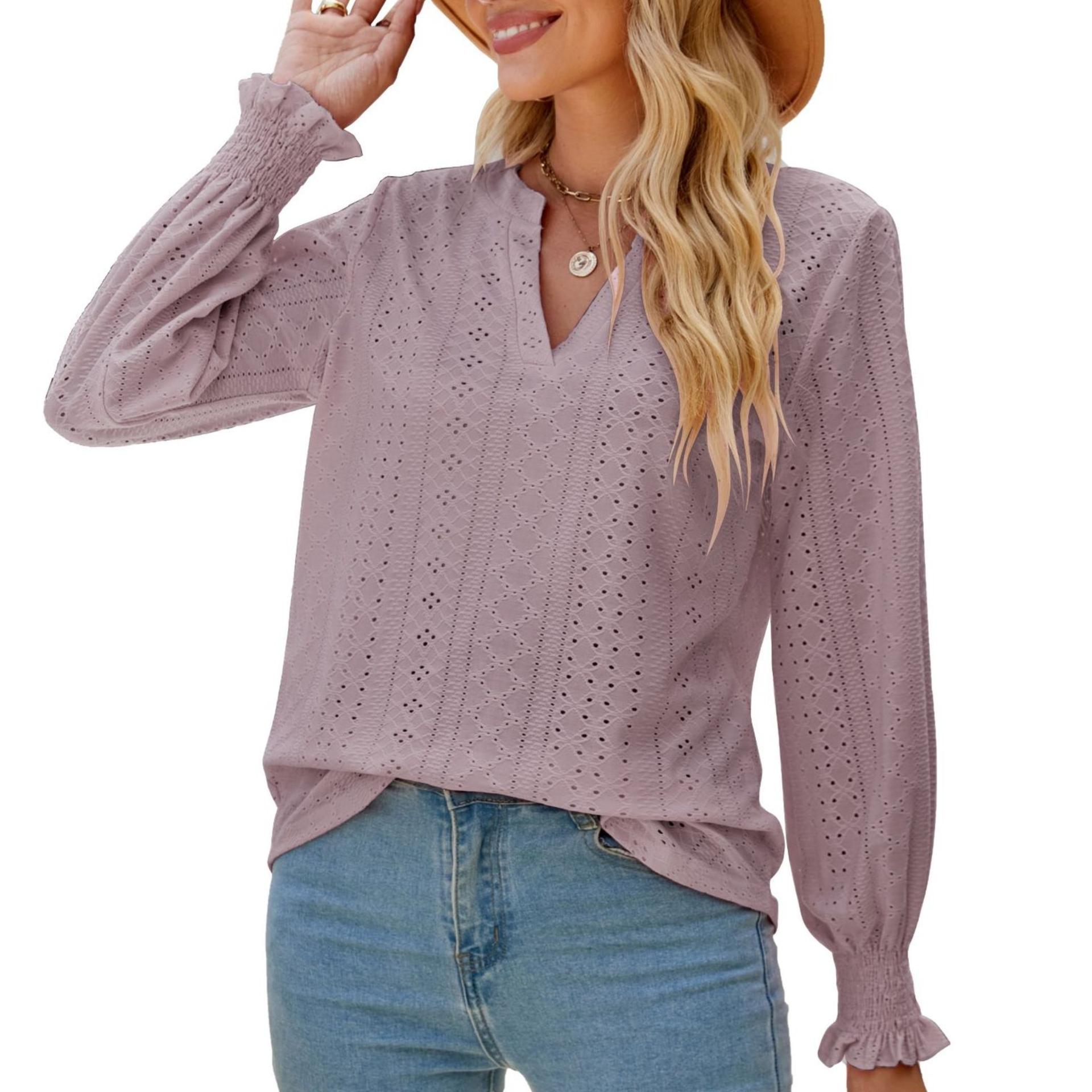 

BITCED Сплошной цвет с полыми плиссированными рукавами лотоса и V-образным вырезом, свободный топ с длинными рукавами XXL розовый