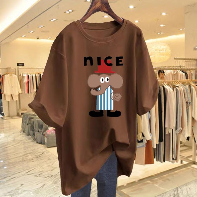 

Cotton short-sleeved T-shirt women s 2025 summer new front shoulder round neck loose large size fashion printing medium and long butt cover XXXL