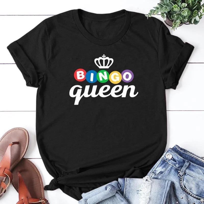 Summer Short Sleeved Harajuku Streetwear Women New Bingo Queen Print Casual Round Neck Aesthetic Clothes S