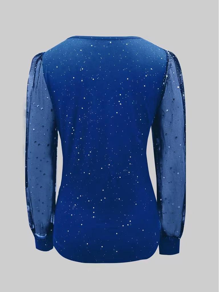 European Style V-Neck Long Sleeve Mesh T-Shirt