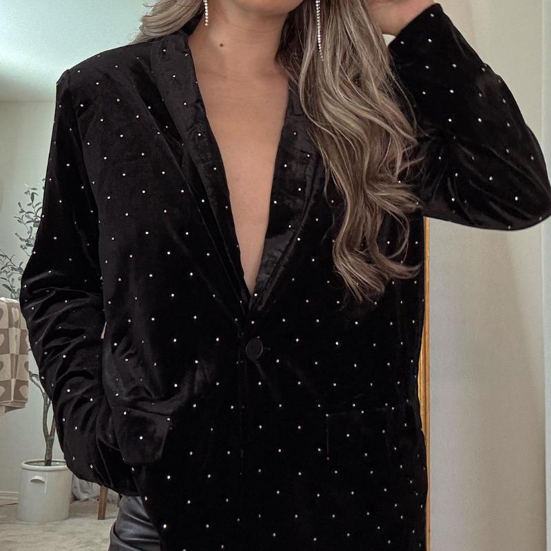 

Женский бархатный пиджак Diamond, модный тонкий пиджак с длинными рукавами, женский повседневный пиджак 2025 года, блестящий офисный женский уличный стиль 3XL чёрный