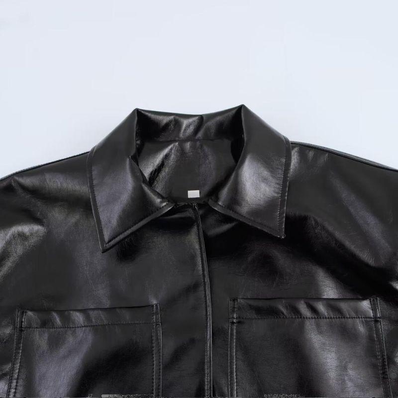 Kaslead New Arrival Women's Clothing Fashion Style Fashion Polo Collar Long Sleeves Imitation Leather Casual Jacket Coat 5063850