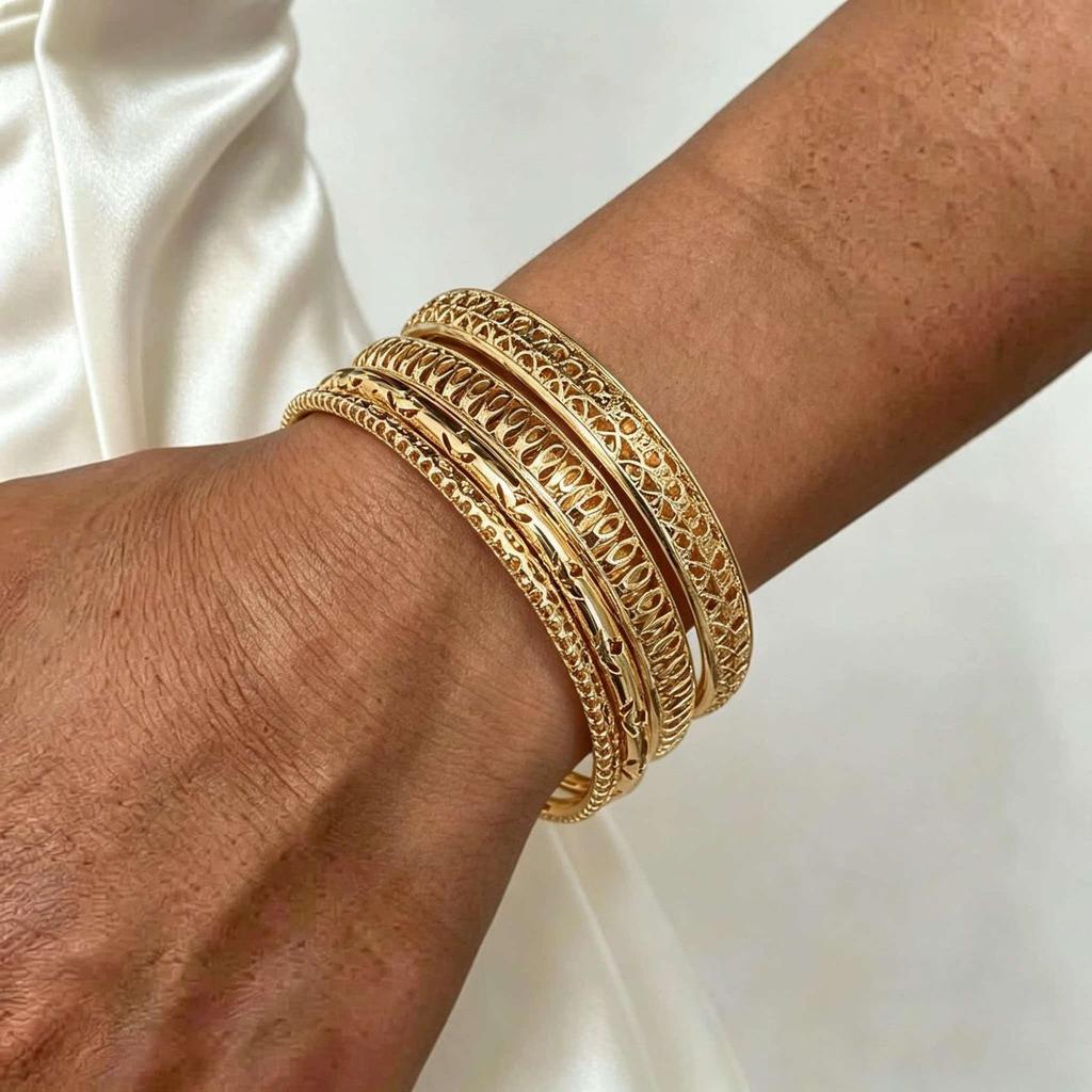 Women's Ethnic Style Gold Alloy Bangle Set - Ten Piece Retro Bracelet Collection