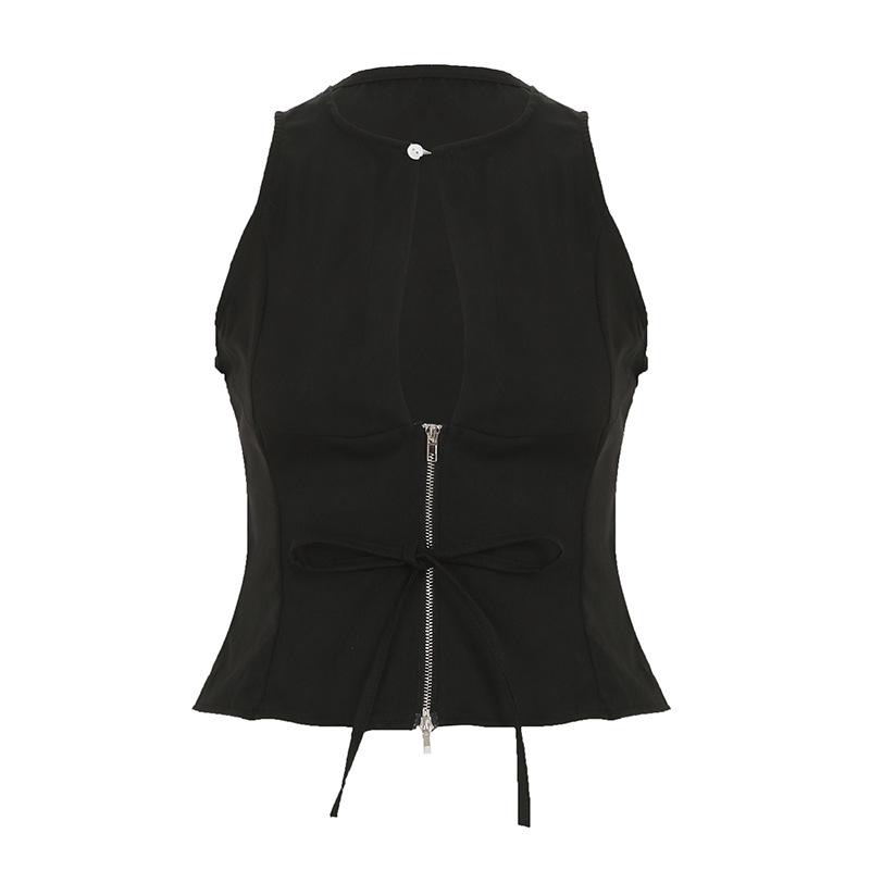 

Европейский и американский сексуальный топ-майка с низким вырезом на молнии и тонкими бретелями - Подчеркивающий фигуру, стройнящий топ без рукавов L