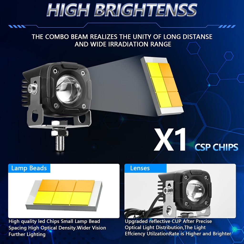 2Pcs Motorcycle LED Spotlight IP68 Waterproof High Low Beam Headlight for Off Road Electric Vehicles