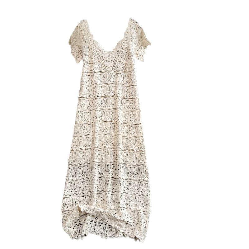 French Summer V Neck A- Line Crochet Cut Out Lace Long Dress