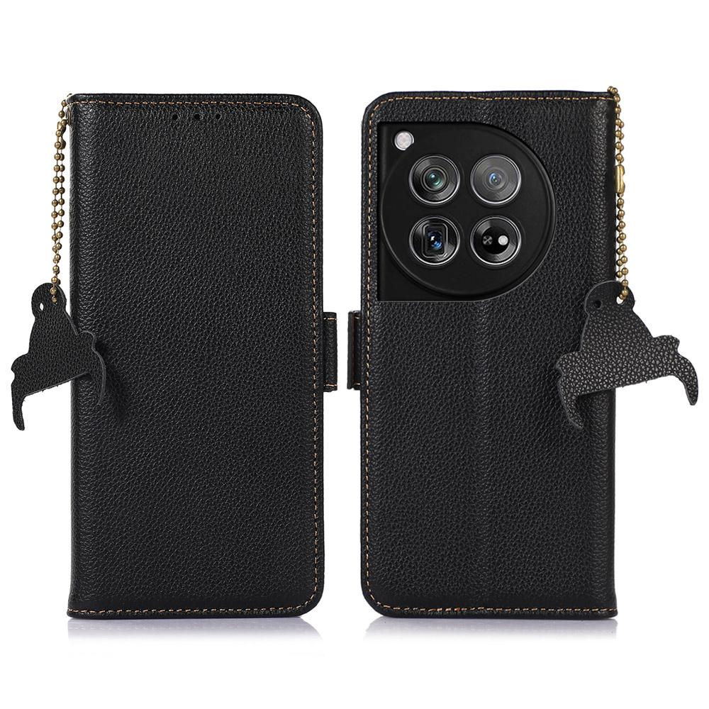 For OnePlus 12 5G Phone Case Genuine Cow Leather RFID Blocking Wallet