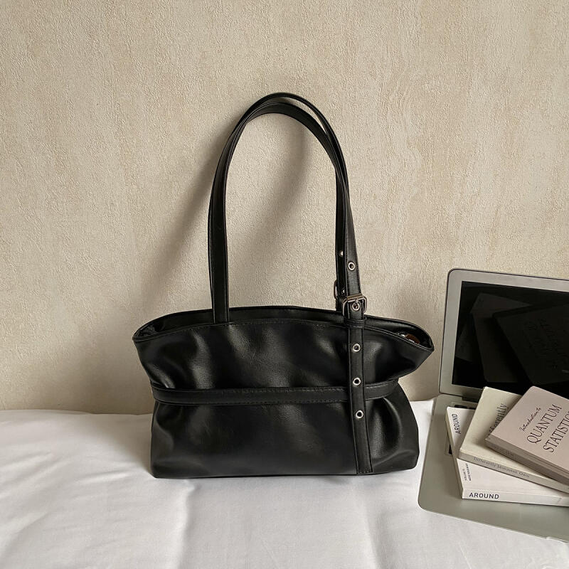 Faux Leather Tote Bag for Women with Belt Detail Fashion Shoulder Handbag Casual Everyday Use