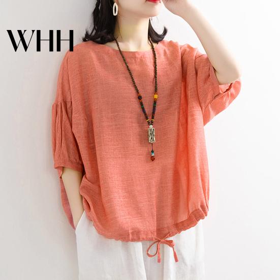 Loose Fit Women Top Summer Casual T-shirt O-Neck 3/4 Batwing Sleeve Pullover Round Neck Three-quarter Tops Solid Color Blouse Streetwear