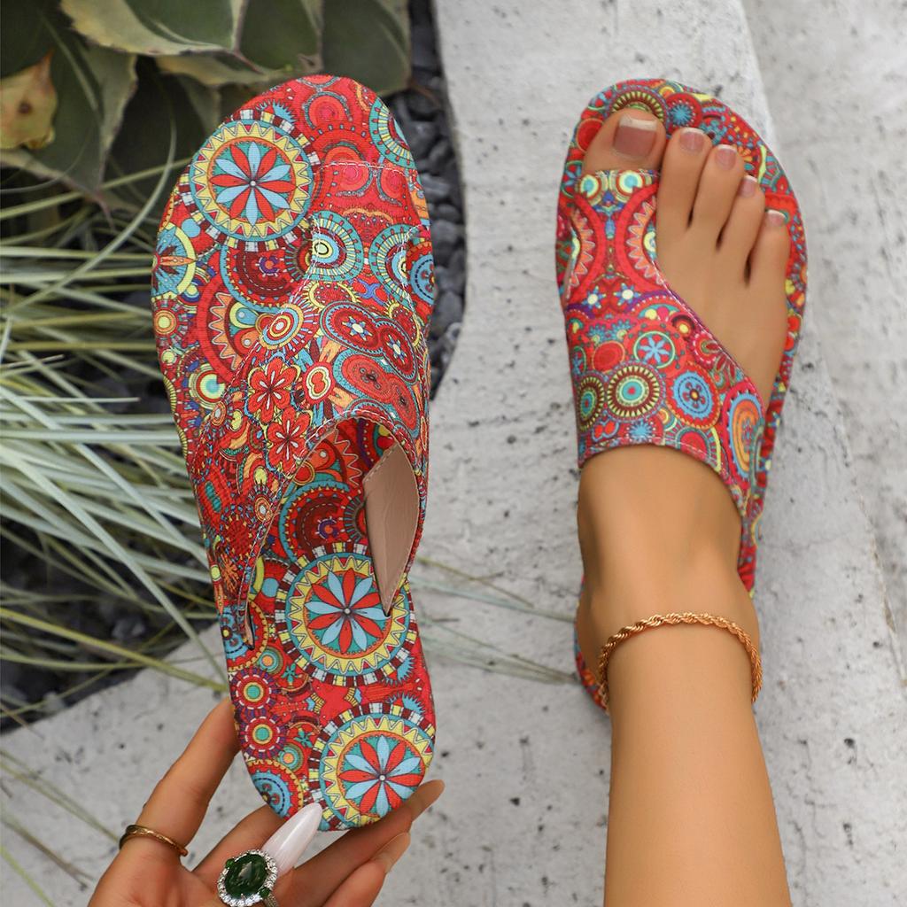 Large size slippers women's ethnic style 2025 summer new breathable printing set toe Roman style cool slippers women