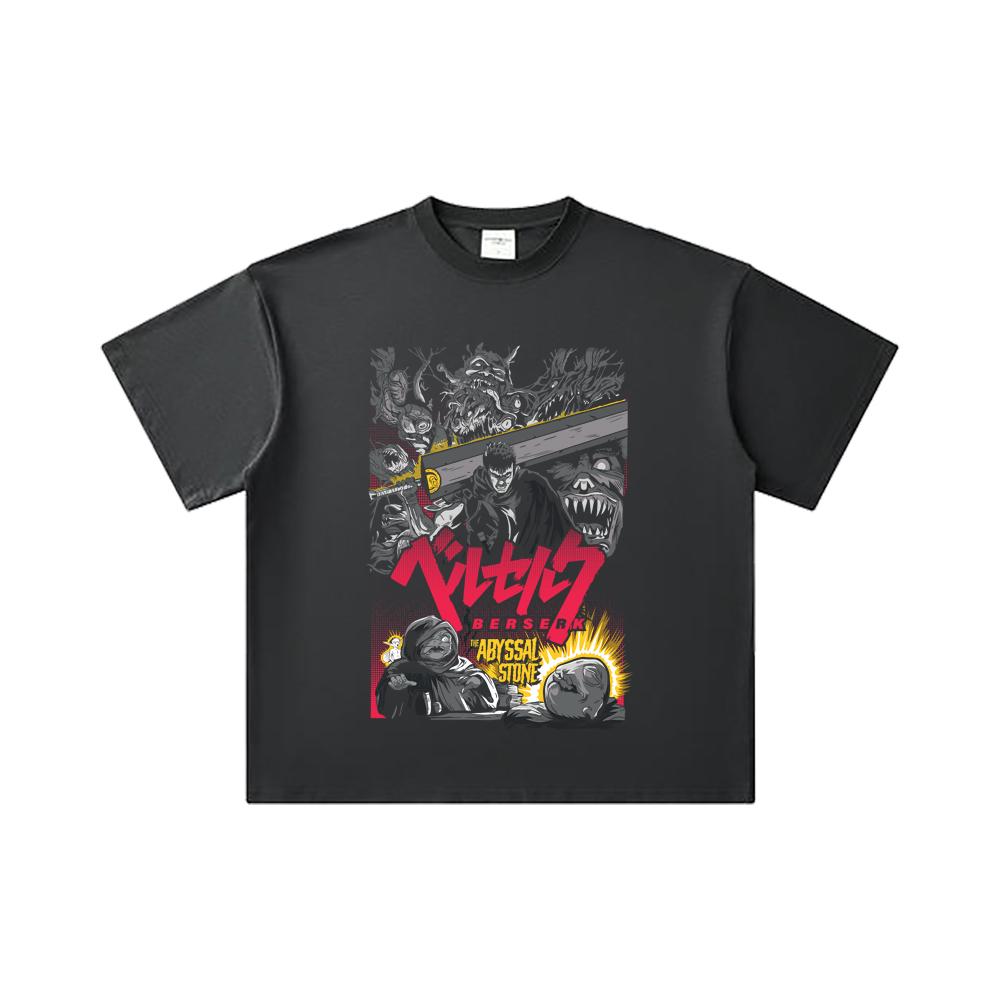 260 GSM Double Yarn 32 Count 100% Cotton Berserk V3 Abyssal Stone Print Unisex Heavy Cotton T Shirt