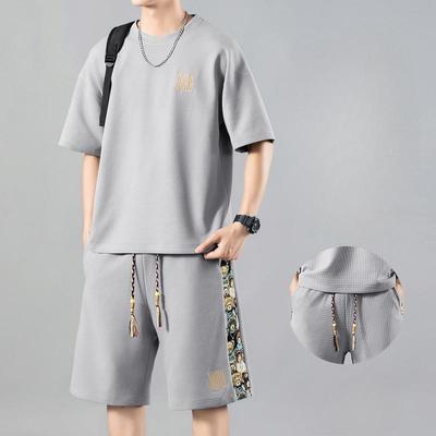 Costum Casual Stil Chinezesc, Tricou Sportiv Subțire de Vară pentru Bărbați cu Mânecă Scurtă, Pantaloni Largi de Cinci Inci, Set pentru Bărbați din Două Piese