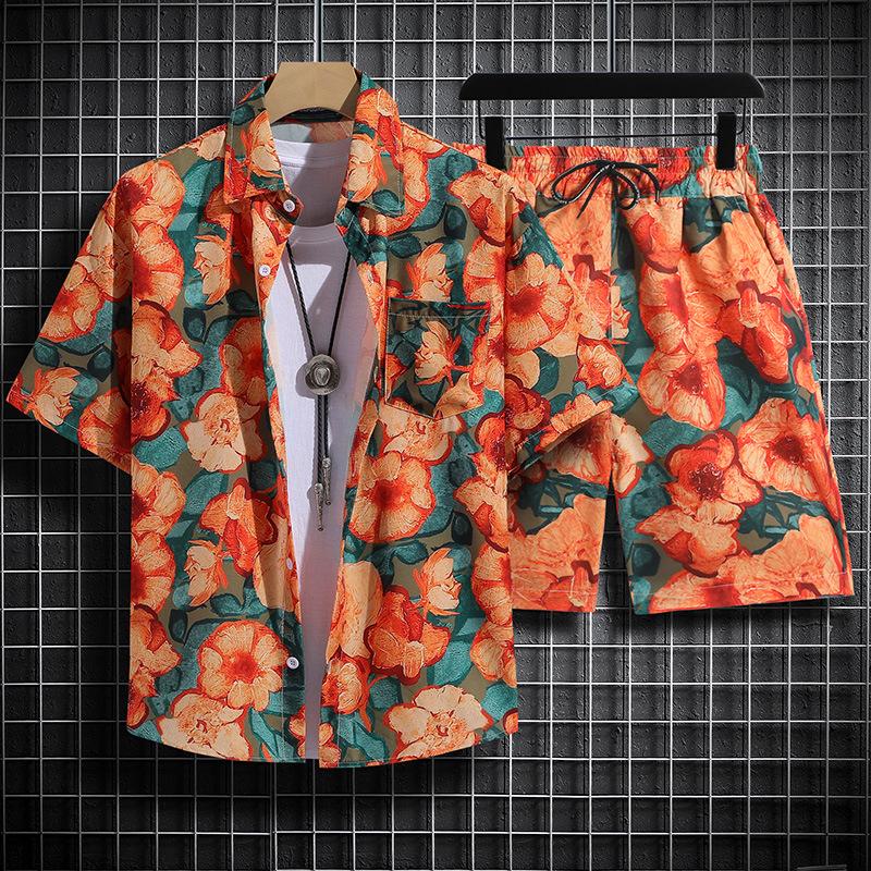 Herren Retro Blumen Kurzarm Hemd Set - Hainan Strandmode, Sanya & Hawaii Stil