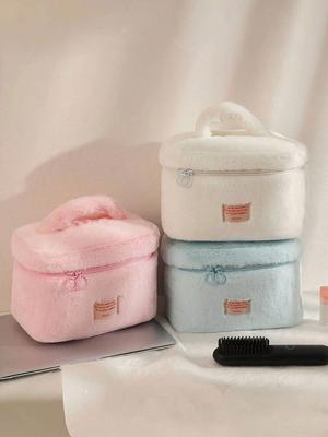 1PC Simple Pure Color Plush Makeup Bag Korean Portable Bag High Appearance Level Large Capacity Wash Bag for Women
