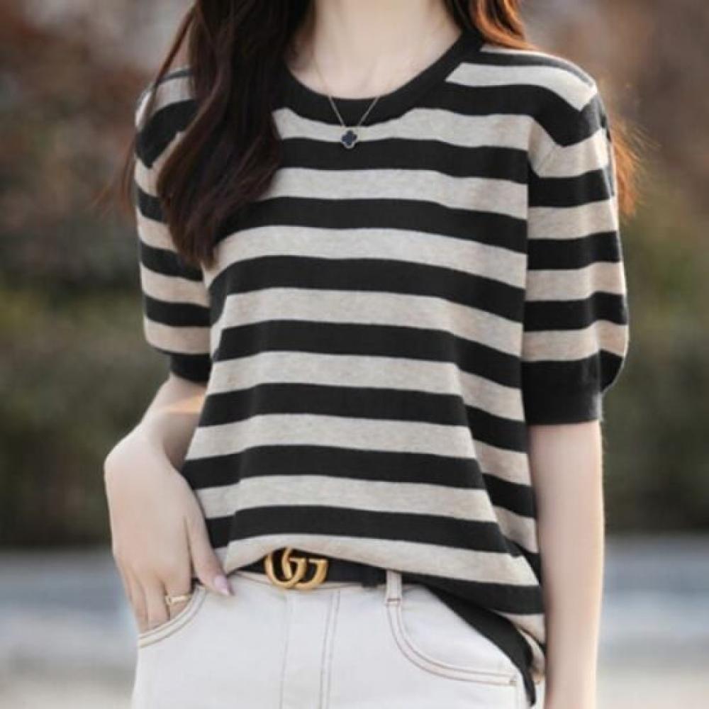 Navava Women Casual STriped 5 8 Sleeve Round Neck KniT T shirT Nk2239