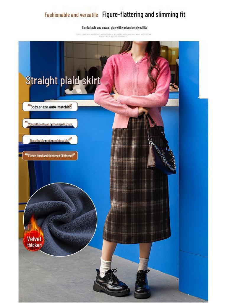 2024 Retro Plaid Fleece-Lined Wool Midi Skirt with High Waist & Back Slit