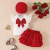 Baby Girl Summer Set: Beaded Bow Ribbed Top, Lace Shorts, & Beret
