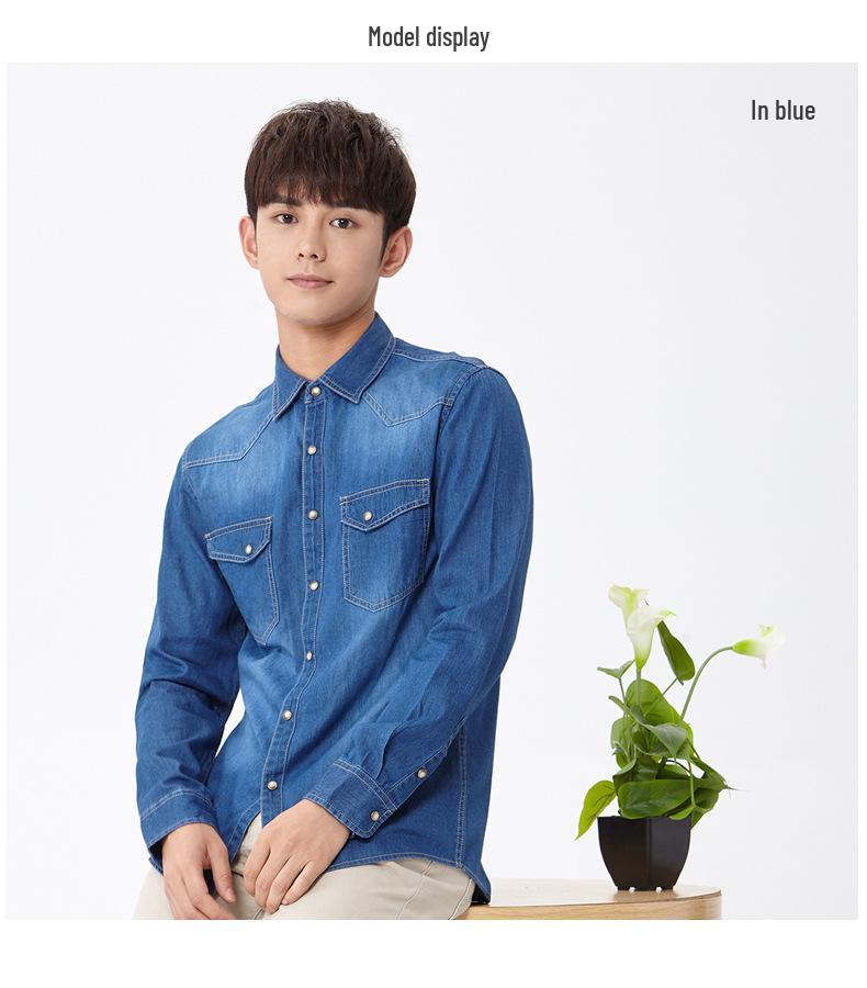 Men's Trendy Spring Classic Cotton Denim Long-Sleeve Shirt with Double Pockets