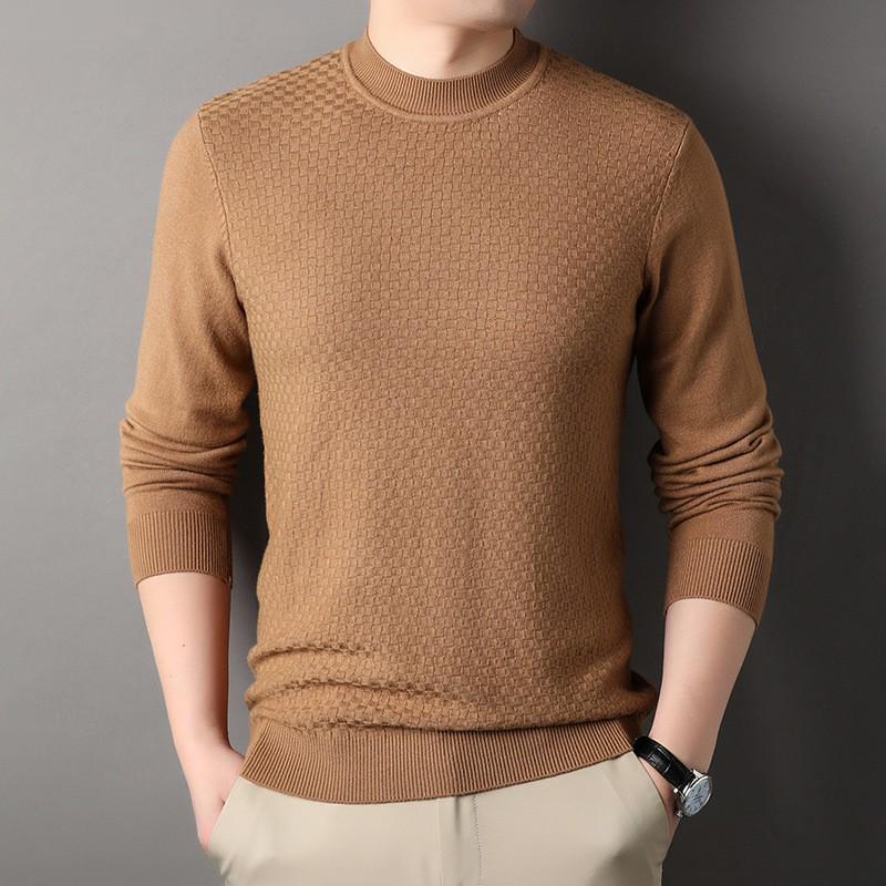 Douyin Men's Slim Fit Solid Color Sweater - Half High Collar, Spring/Autumn Base Layer