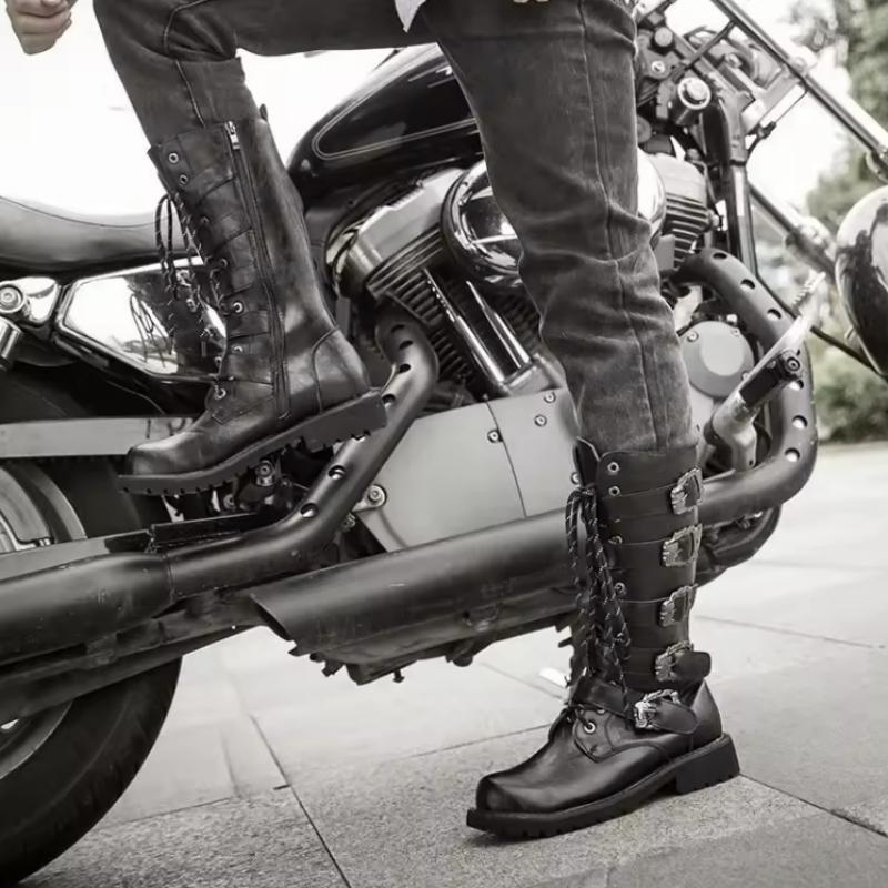 Herren Leder Motorradstiefel Wadenhohe Stiefel Gotische Gürtel Rock Punk Schuhe Outdoor Schwarzer Freizeitstiefel Winter Große Größe Herren Stiefel
