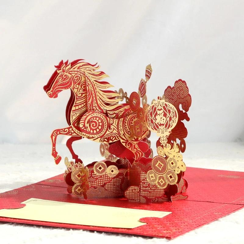 2026 Lunar New Year 3D Greeting Card with Golden Horse Design Includes Card and Envelope Symbolizing Good Fortune and Wealth