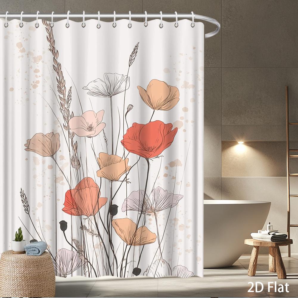 

Minimalist Poppy Shower Curtain – Delicate Pink & Peach Poppies With Wheat Stalks On Cream, Linen-Textured Polyester W60H190(CM)-1 Pcs
