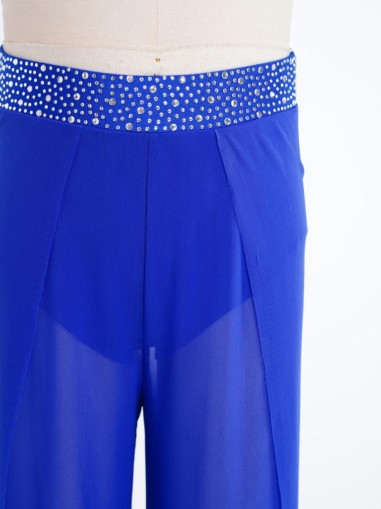 Kids Girls Lyrical Dance Pants Shiny Rhinestone Waistband Side Split Mesh Trousers for Stage Performance Competition