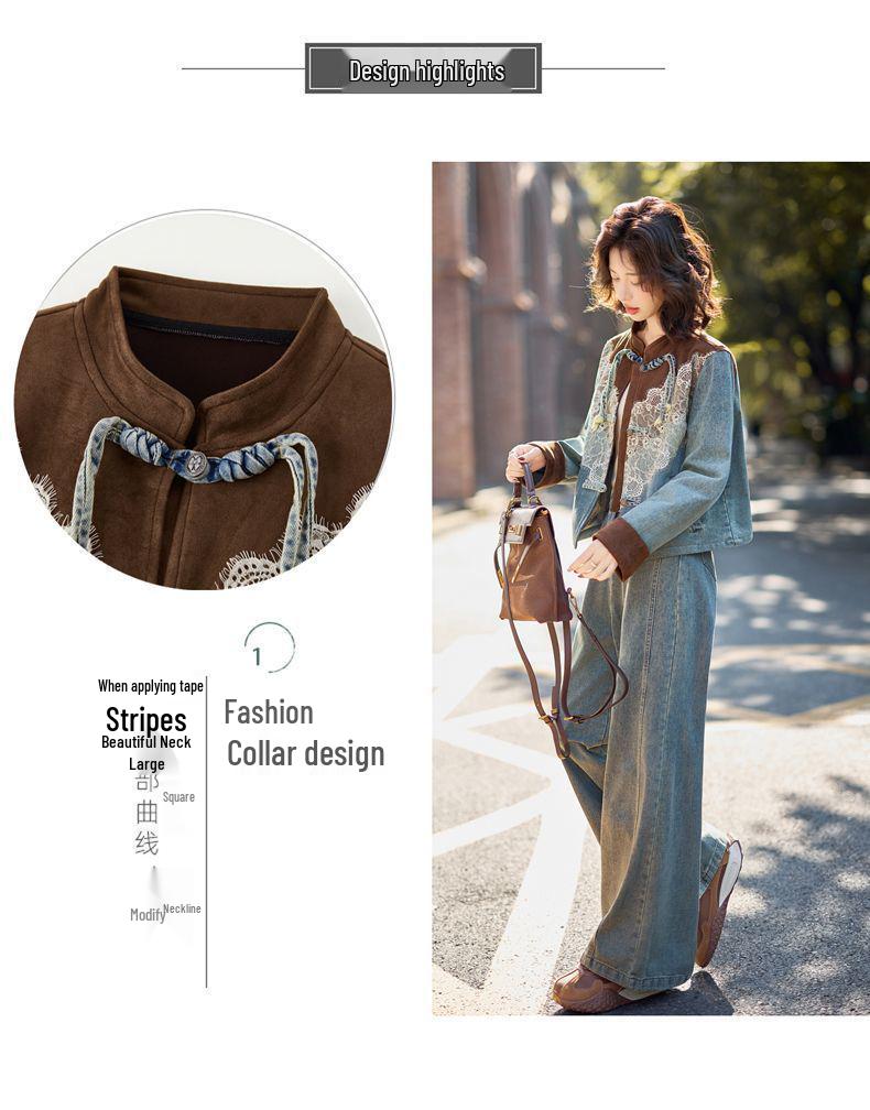 2026 Spring/Autumn Women's Lace Patchwork Denim Suit with Frog Buttons - Stylish Two-Piece Set