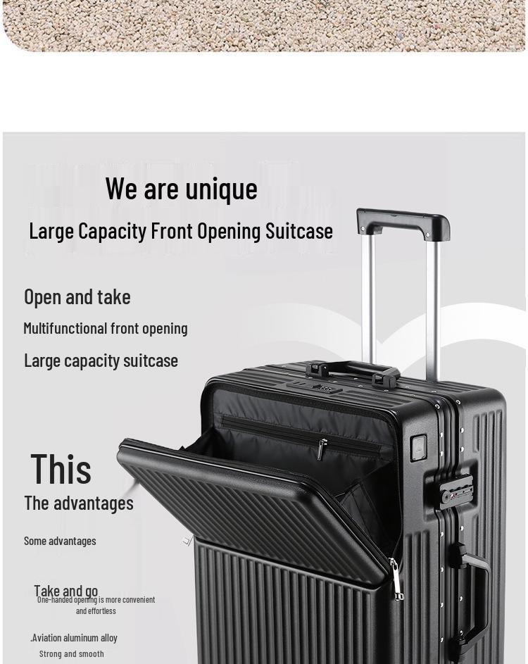 Universal Aluminum Frame Trolley Suitcase with Front Opening and Large Capacity for Women and Men