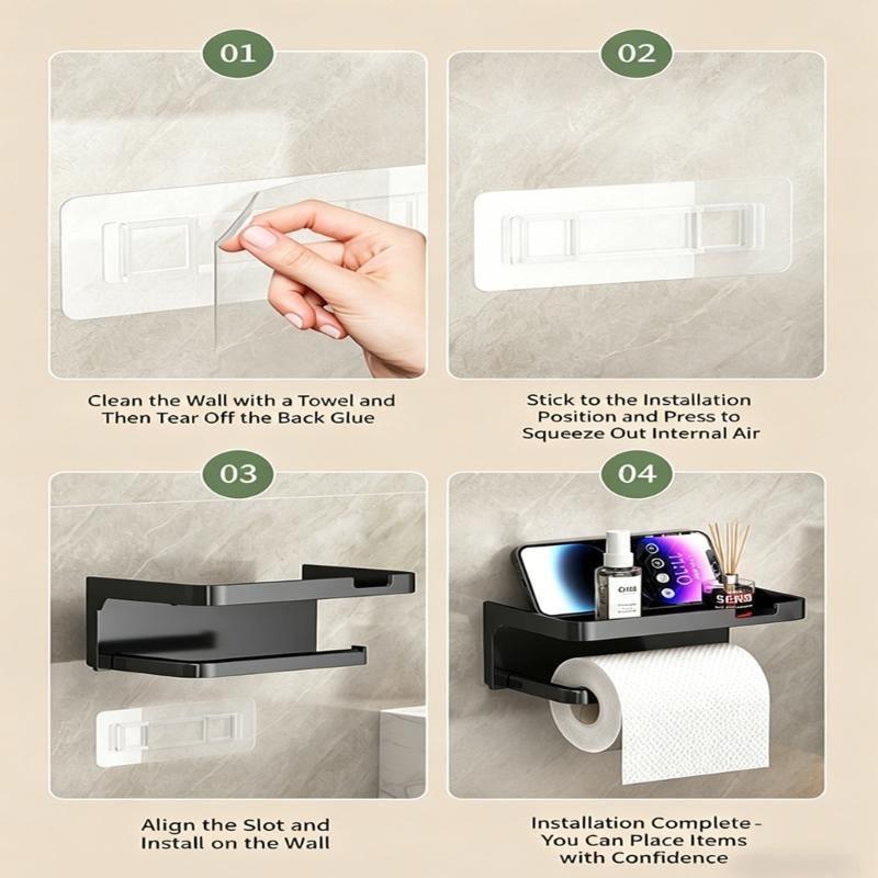 Contemporary Bathroom Shelf with Integrated Phone Tray and Paper Roll Holder Plastic Design Suitable for Washroom