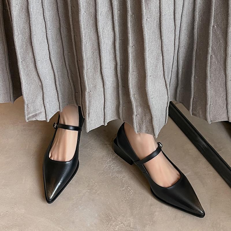 Fashion 2025 New Spring Women Pumps Pointed Toe Genuine Leather Women Shoes Buckle Strap Mary Janes Ladies Shoes Cowhide Leather