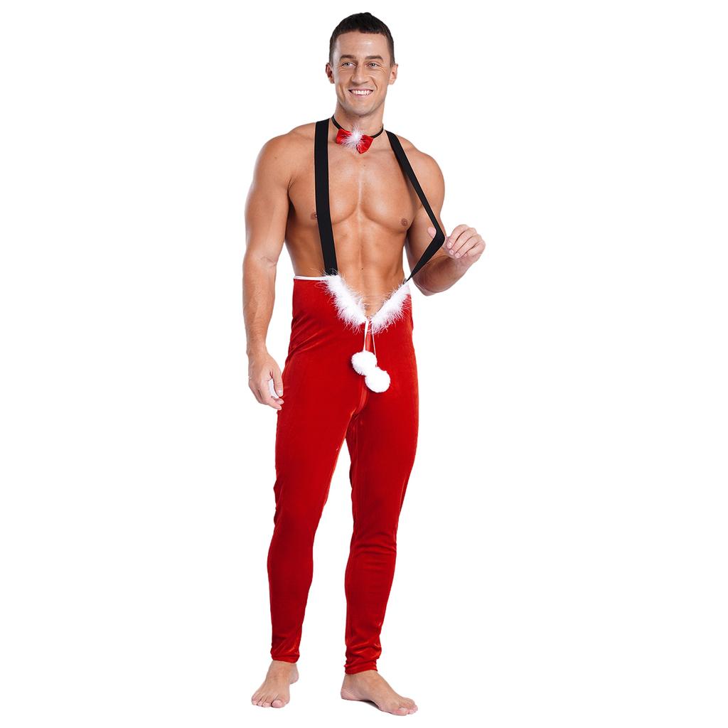 Men's Christmas Cosplay Jumpsuit Plush Ball Zipper with Bowknot Neckband Elastic Strap for Stage